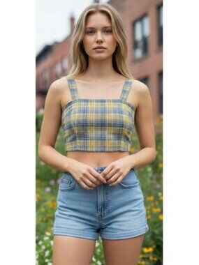 BETTER BE Gray and Yellow Plaid Crop Top Juniors MEDIUM